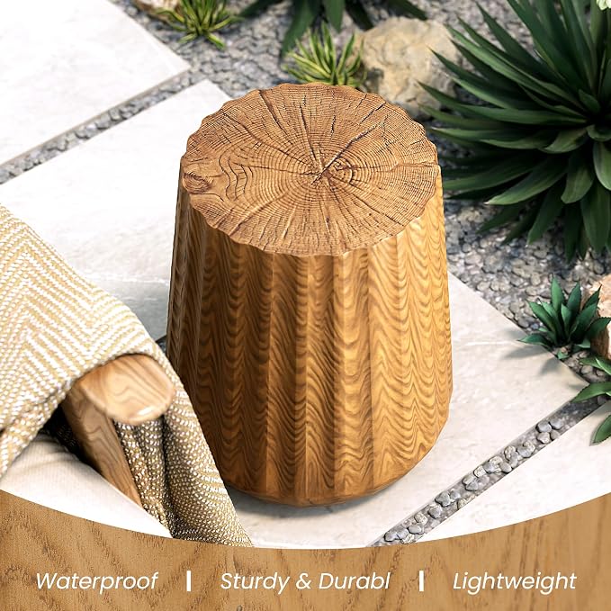 COSIEST Wooden Outdoor Side Table, Round MgO Concrete End Patio Side Table, Lightweight Cylinder Top Plant Stand with Rotund Base for Garden and Deck