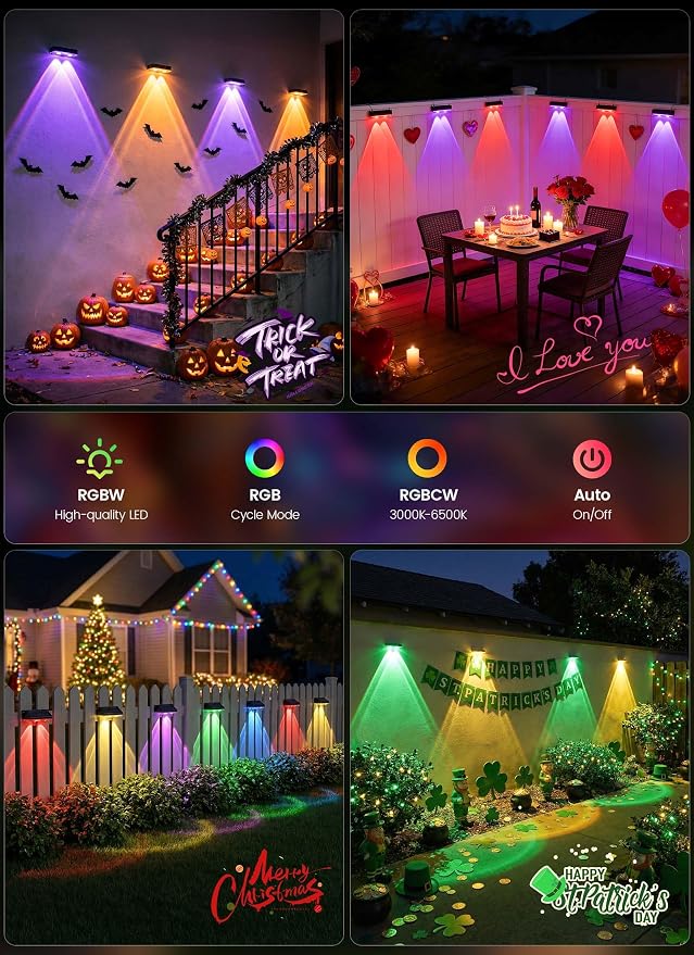Brightown 6 Pack Solar Fence Lights Outdoor, 3000/4000/6000K RGB 11 Colors | 3 Modes Solar Powered Fence Lights, IP65 Solar Deck Step Flood for Outside Yard Patio Home Improvement Wall Railing