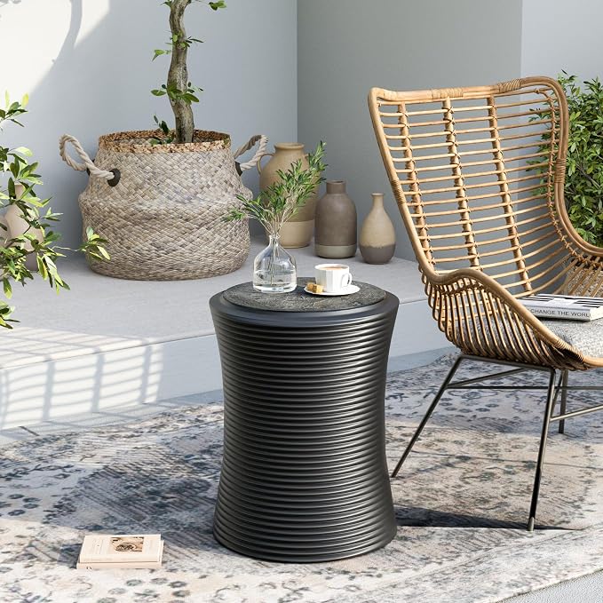 SUNBURY Outdoor Concrete Side Table w Graffiti, Black Outdoor Side Table for Patio, 14" W Outdoor Accent Table, Round Outside Table End Table, Ceramic Garden Stool for Lawn, Backyard, Pool