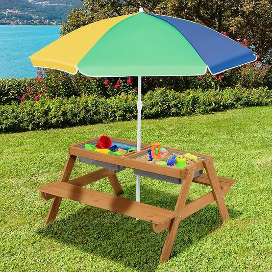 KOTEK Kids Picnic Table, 4 in 1 Sand and Water Table w/Detachable Tabletop, 2 Removable Play Boxes, Foldable & Height Adjustable Umbrella, Wood Sensory Table and Bench for Outdoors, Indoors (Colorful)