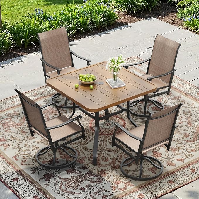 Soohow Outdoor Patio Dining Table with 1.57" Umbrella Hole, 35"x35" Wood-Like Texture, All-Weather Metal Frame for Poolside, Deck, Porch