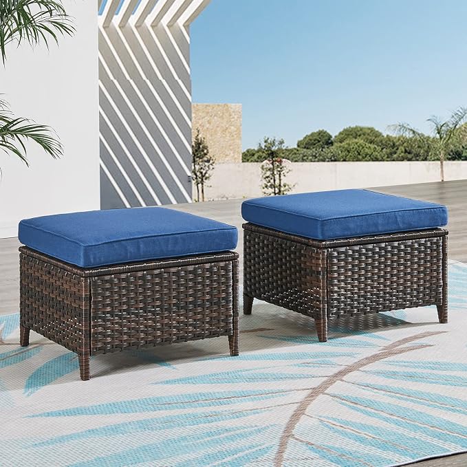 Rilyson Luxury Outdoor Wicker Patio Ottomans Set of 2, 250 lbs Capacity Rattan Large Ottomans for Patio Footrest Set 22.8in*22.8in*14in with 3.5in Thick Cushion (Brown/Blue)