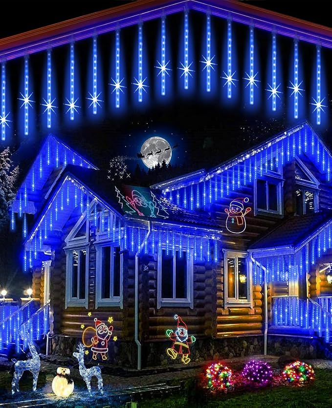 Blue Christmas Rain Lights Outdoor, 20" 20 Tubes 1080 LEDs | UL Listed Meteor Shower Lights Waterproof Cascading Falling Icicle String Lights for Xmas Tree Yard Halloween Wedding Party