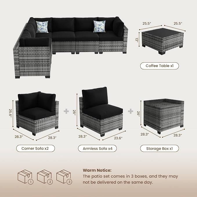 8-Piece Modular Patio Furniture Set with Storage Box Outdoor Sectional Sofa | Patio Conversation Set with Coffee Table, PE Rattan Wicker Couch with Waterproof Cushions for Backyard, Deck & Porch, Black