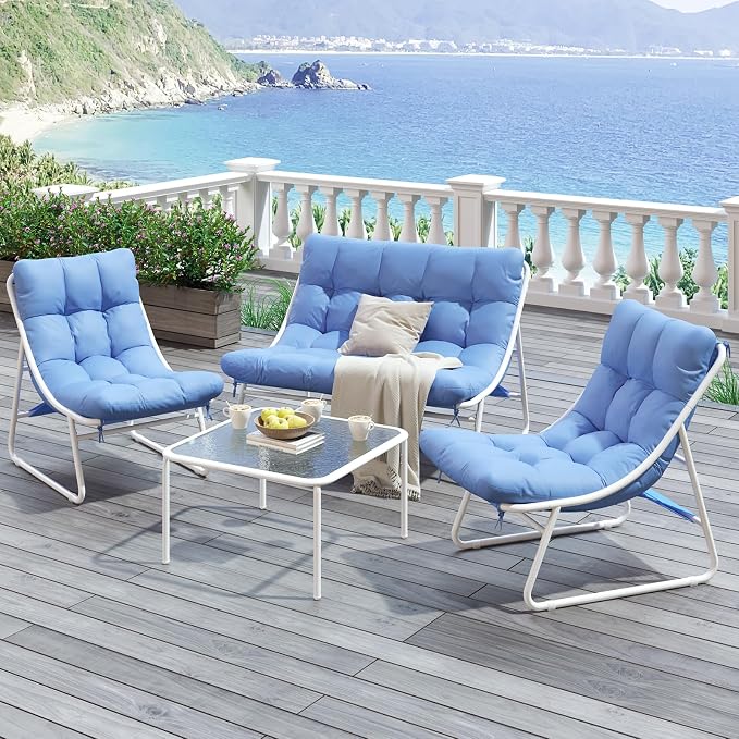 Jocoevol Patio Furniture Set - 4-Piece Outdoor Patio Conversation Set with Cushions & Glass Coffee Table - Dual-Use Metal Sofa Set for Backyard, Garden, Porch, and Poolside in White & Blue