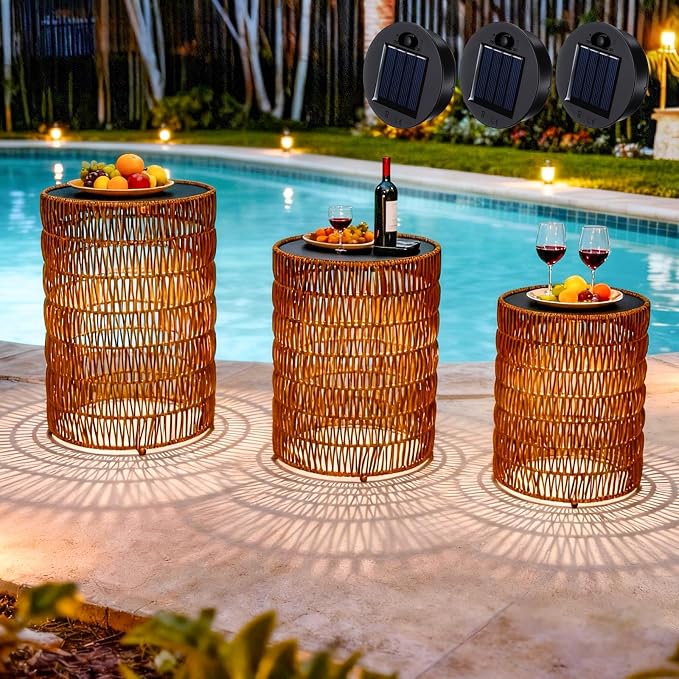 3 Pack Solar Outdoor Side Table with Integrated Glow Lights Set, Poolside Side End Table Waterproof Rattan Nesting Accent Table for Patio, Poolside, Backyard, Porch, Garden, Balcony Indoor Outdoor Use