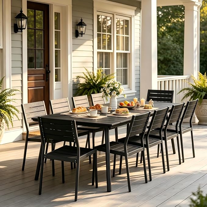11-Piece Outdoor Dining Set for 10 Person with Black Wood-Grain Top | Armless Stackable Chairs with 19.4" Seat Depth, Aluminum Frame Dining Furniture with Umbrella Hole for Deck, Porch & Backyard