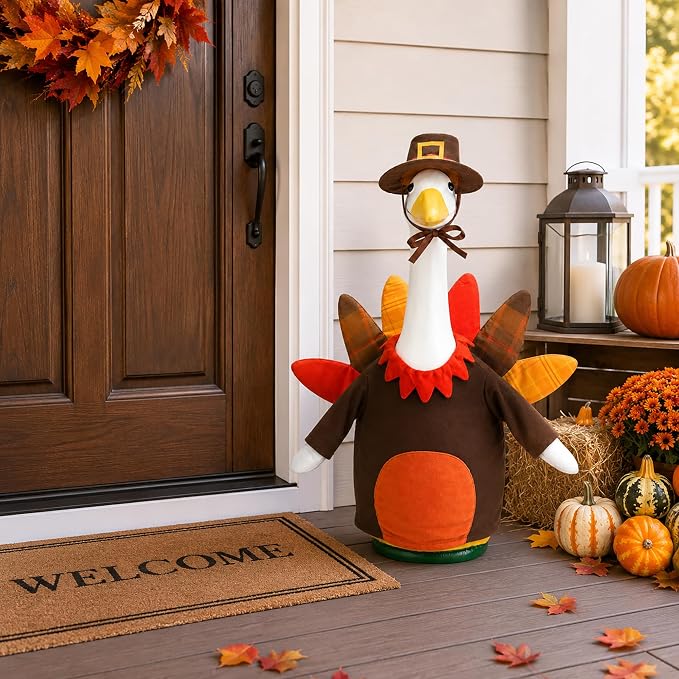 3 Set Holiday Porch Goose Outfits for Halloween Christmas Thanksgiving Day | Seasonal Goose Statue Costumes with Pumpkin Turkey Santa Outfit, Lawn Goose Clothes for 23" Statue