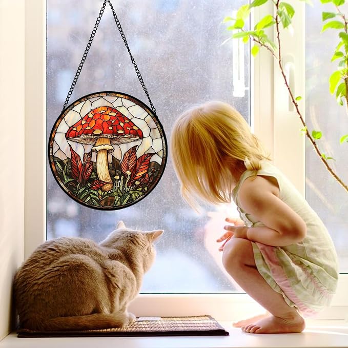 DASTOLL Stained Glass Window Hanging, Big Red Mushroom Suncatcher for Doors Home Sun Catchers Decoration and Christmas, Mother's Day Birthday Gifts for Women, Men, and Mom 11.8x11.8 in