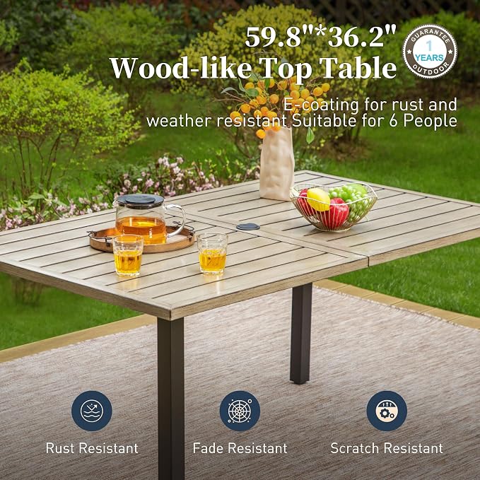 SUNSHINE VALLEY 7 Piece Patio Dining Sets for 6, Outdoor Table and Chairs with Cushioned Wicker Patio Dining Chairs & Wood-Like Dining Table (1.61-2”Umbrella Hole), Outdoor Dining Sets for Backyard