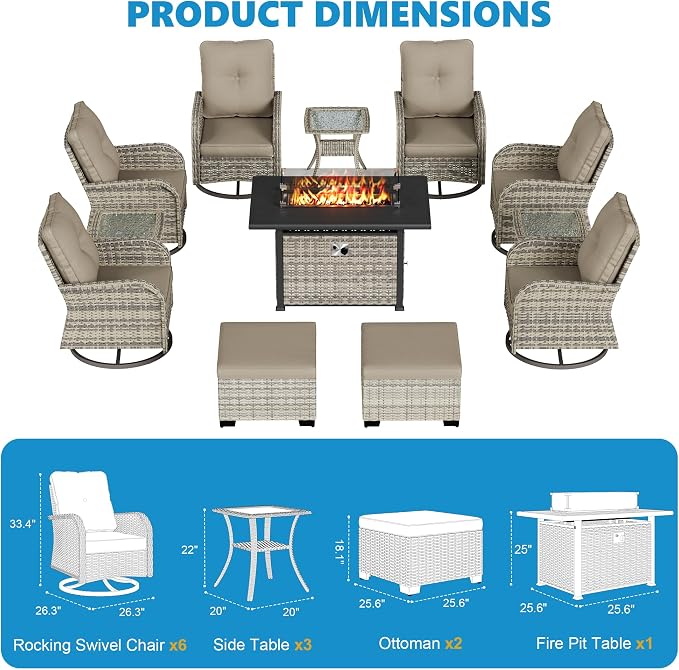 12-Piece Small Patio Furniture Set, Outdoor Swivel Rocking Chairs Set with 55,000 BTU Fire Pit Table Wicker Chairs and Ottomans, Patio Bistro Set for Balcony, Deck, Porch, Khaki