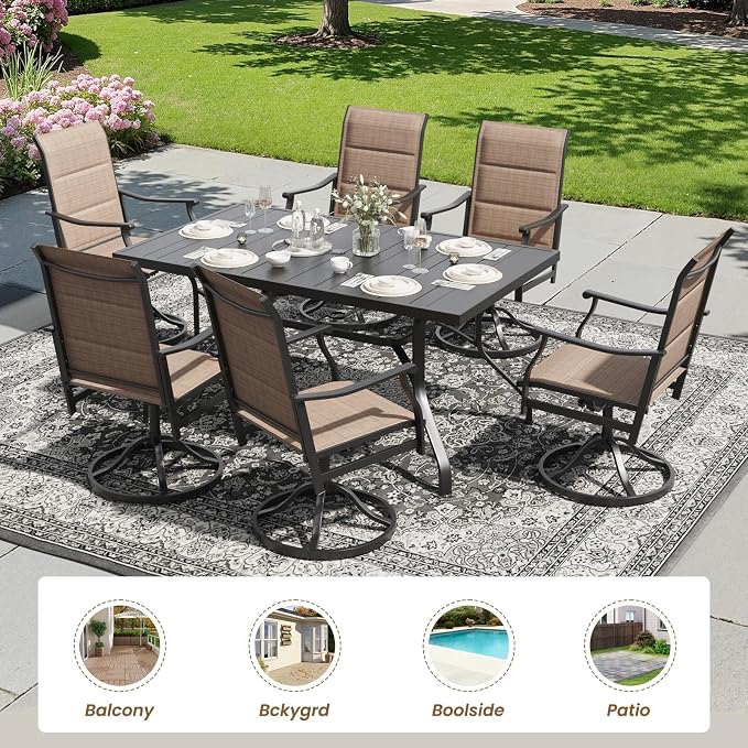 Soohow Patio Dining Set for 6, 7-Piece Outdoor Dining Table and Chairs Set, 6 x Swivel Outdoor Chairs with Paded Textilene and 60"x35" Patio Table with 1.57" Umbrella Hole for Poolside, Backyard