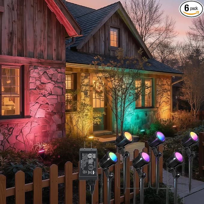 RGB Landscape Outdoor SpotLights with APP & Remote Control | Waterproof Color Changing LED Spotlights for Yard Garden Path House Halloween Christmas Decoration Outside Tree, 6 in 1