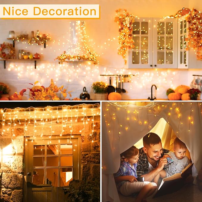 Ollny Icicle Lights for Outside 400LED 32FT, Warm White Christmas Light with Remote 8Modes Timers Waterproof, Plug in Connectable Hanging Lights for Outdoor Indoor House Roof Holiday