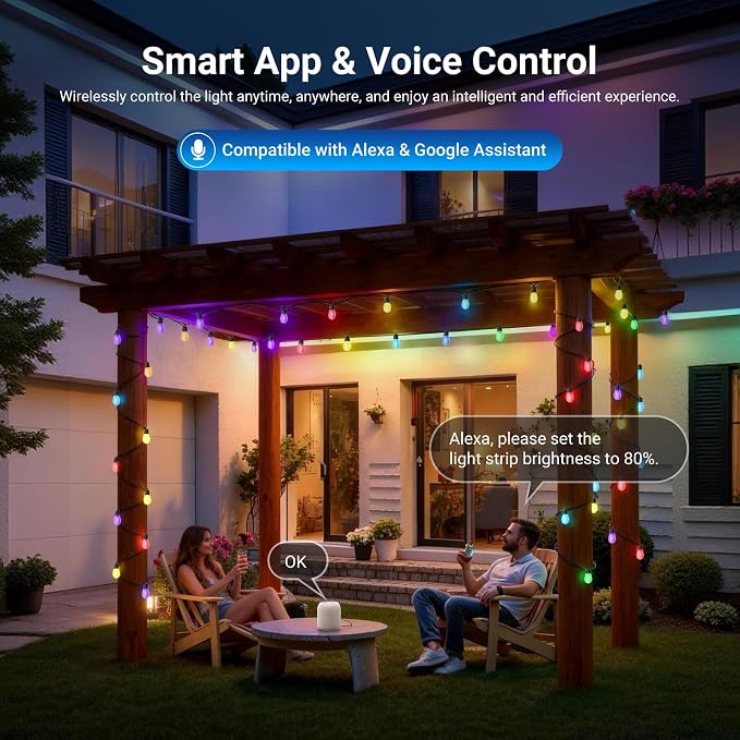 NEEWER 144ft Outdoor String Lights, App Control Smart AI RGB IC W Patio Balcony Backyard Outside Hanging Lighting, IP65 Waterproof, 45 LED Bulbs, 50+ Scenes, Compatible with Alexa Google, NR01