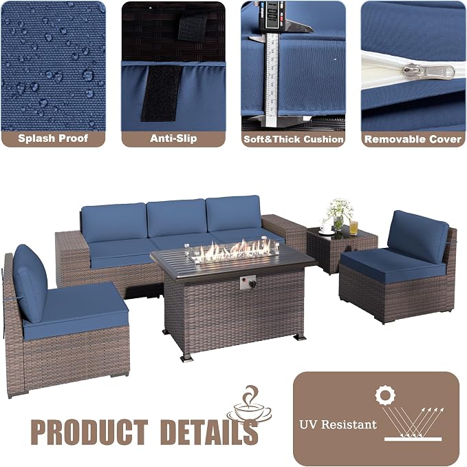 Kurapika 10 Pieces Patio Furniture Set, Rattan Wicker Outdoor Conversation Sets w/43in Propane Fire Pit Table, Swivel Rocking Chairs Patio Sectional Sofa w/4 Inch Cushion, Navy Blue