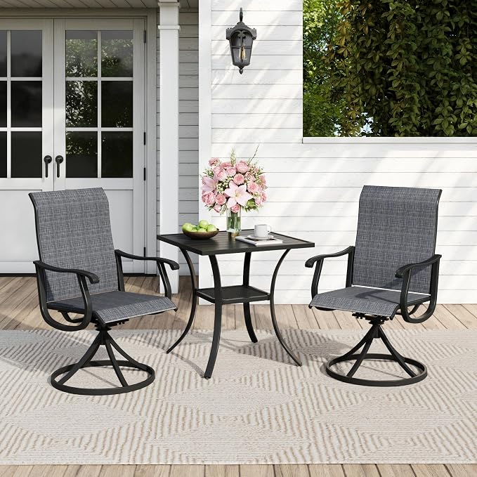 Outdoor Dining Set for 2, 28" Metal Square Outdoor Dining Table and Sling Patio Swivel Chairs, 3 Pieces Patio Table and Chairs Set for Garden Backyard, Charcoal and Black