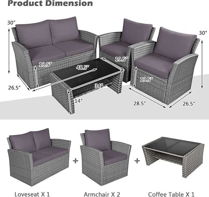 HAPPYGRILL 4PCS Patio Rattan Furniture Set Outdoor Conversation Set with Cushions and Coffee Table, Sectional Wicker Sofa Set for Garden Porch Balcony Poolside