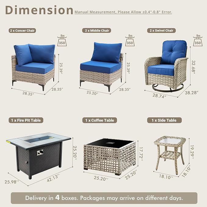 9 Pieces Patio Sectional Furniture Set, Outdoor Wicker Sectional Couch with Firepit Swivel Rocker Chairs Solar Lights Table, Modern Conversation Set for Porch Balcony Backyard, Navy Blue