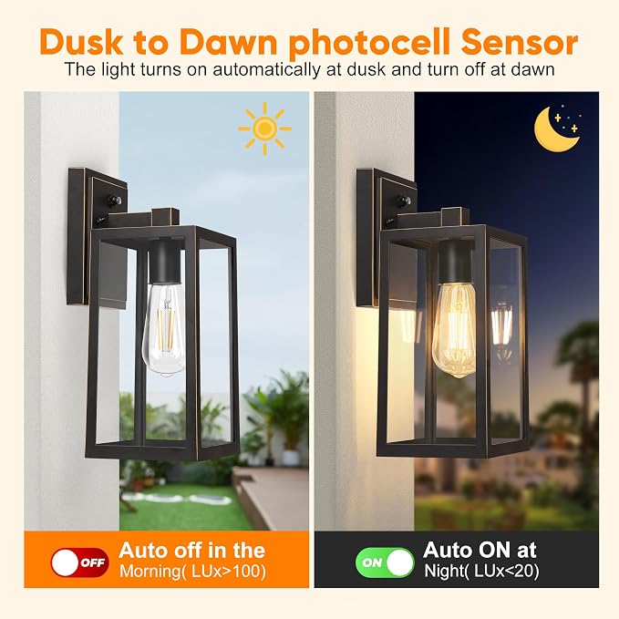 Black Exterior Light Fixtures Wall Mount with Gold Rim, Dusk to Dawn Outdoor Porch Lights Lamp, Sensor Wall Sconce, Waterproof Outdoor Lantern for House Doorway, Garage 2 Pack
