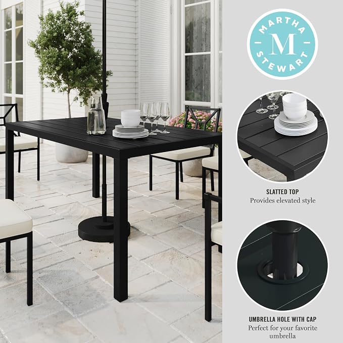 Martha Stewart Lily Pond 60" All-Weather Patio Table with Slatted Tabletop, Umbrella Hole, and Steel Frame in Black