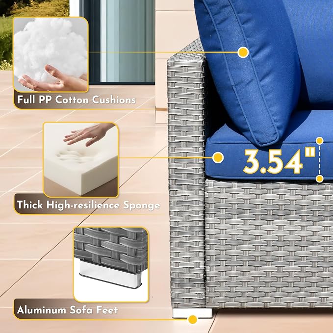Weaxty 7 Pieces Outdoor Patio Furniture Set,Wicker Sectional Sofa Couch with Thicken Cushion and Glass Coffee Table,All Weather Rattan Patio Conversation Sets for Porch,Poolside,Backyard,Beige