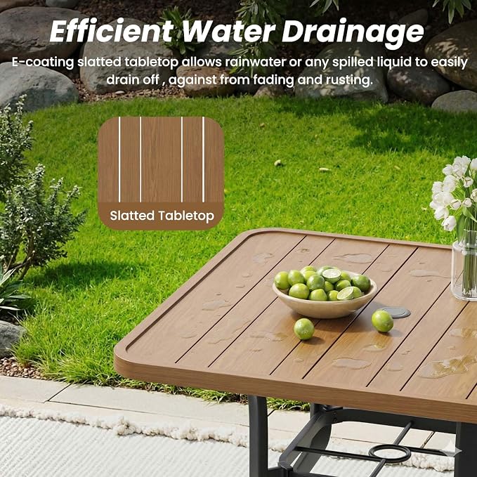 HRVEOCEI 35" Outdoor Square Table with Umbrella Hole, Metal Patio Dining Tables for Lawn Garden, Wood-Like Grain Bistro Table Outdoor for Backyard,Poolside,Deck,Por (Natural, Square)