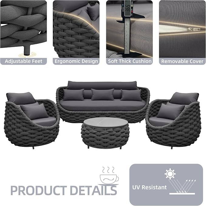 TWT Outdoor Patio Furniture Set-6 Pieces Aluminum Sectional Sofa, Metal Patio Conversation Set with Threeseat & Armchair, Textile Rope and Coffee Table, Dark Grey