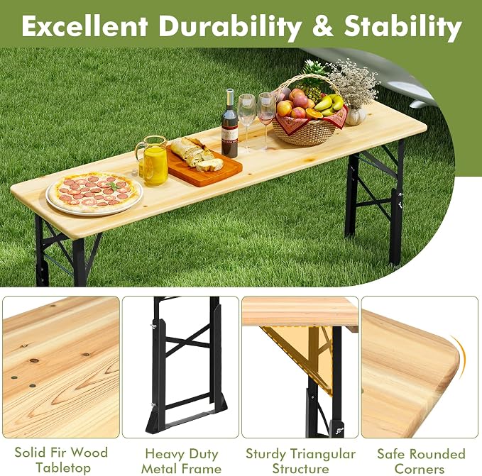 Goplus Folding Picnic Beer Table, 66.5” Outdoor Camping Table with Adjustable Heights, Umbrella Hole and Wood Top, Rectangular Portable Picnic Table for Patio Garden Party Backyard, No Assembly