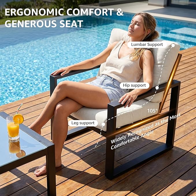 NATURAL EXPRESSIONS 4 Pieces Patio Furniture Sets,Metal Outdoor Patio Furniture Sets,Outdoor Sectional Patio Conversation Set,Wooden Anti-Scald Armrest,Sling Mesh,4" Olefin Cushions