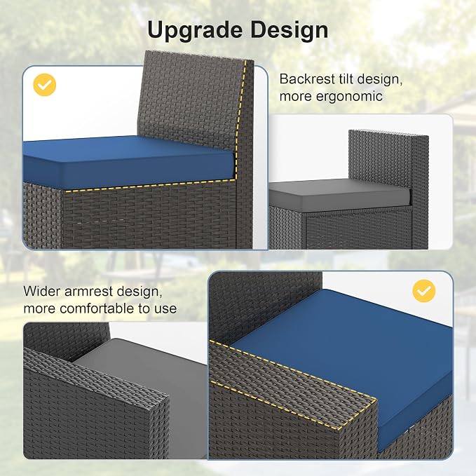 Patio Furniture Set with Fire Pit Table, 7PCS Outdoor Conversation Sets Waterproof Rattan Sectional Sofa with 4” Thickened Cushion Modular Wicker Patio Furniture Set with Glass Top Table (Blue)