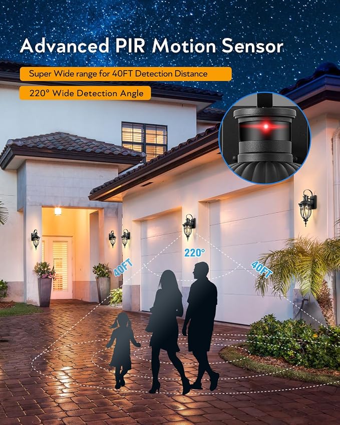 VIANIS Motion Sensor Outdoor Lights, Black Motion Lights for Outside, Dusk to Dawn Outdoor Light Fixtures with Seed Glass, 100% Aluminum Exterior Lighting Fixtures with House, Garage, Porch, Doorway