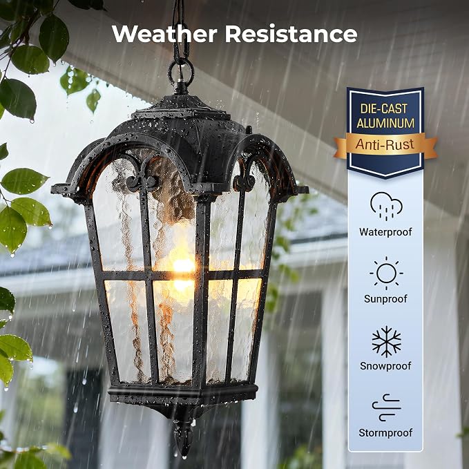 VIANIS 18.7'' Large Outdoor Pendant Lights, Black Hanging Porch Light Fixture, Aluminum Outside Ceiling Lighting for House, Porch, Doorway, Vintage Style, Waterproof and Anti-Rust, 1-Pack