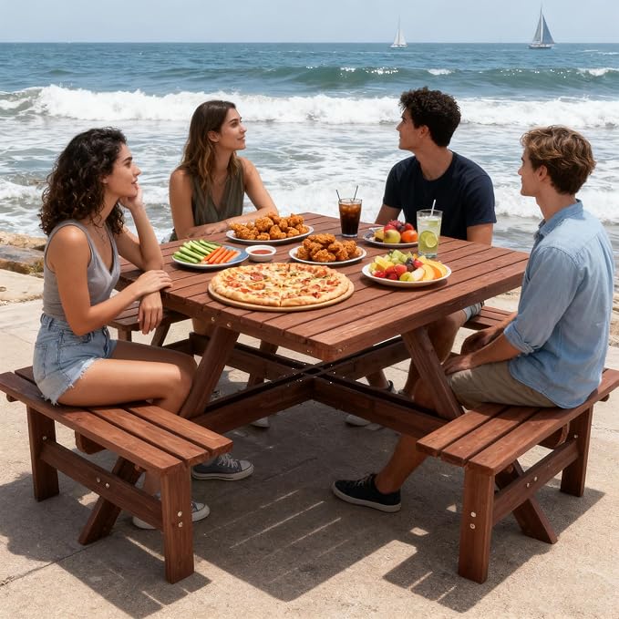 8-Person Square Picnic Table with Umbrella Hole, Waterproof & Sturdy Cross Structure, Outdoor Dining Set for Backyard, Garden, Camping, Easy Clean