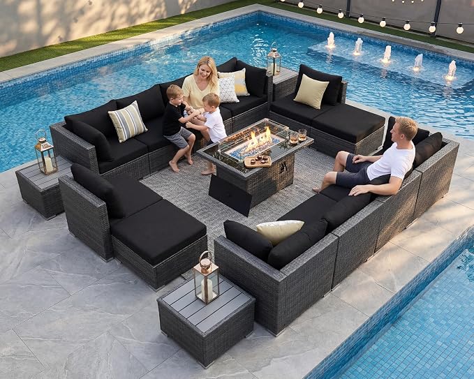 NICESOUL 15 Piece Outdoor Sectional with Fire Pit Table, Modern Luxury Patio Deep Seating w/Firepit, 29.3'' High-Back Wicker Couch Thick, Big High-Weight Capacity Sofa for Terrace, Yard, Gray & Black