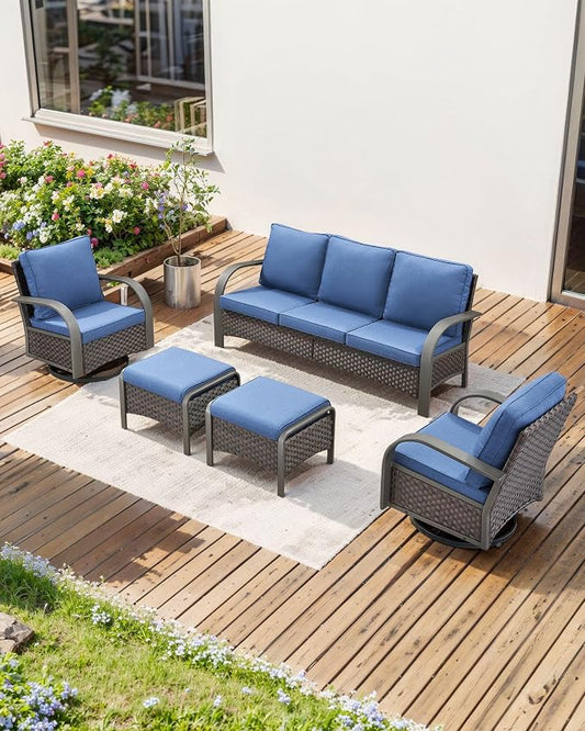 HUMMUH Outdoor Patio Furniture Sets-Wicker Patio Furniture Couch and Swivel Rocker Chairs Conversation Set for Deck Porch Garden Poolside Backyard-Brown/Blue