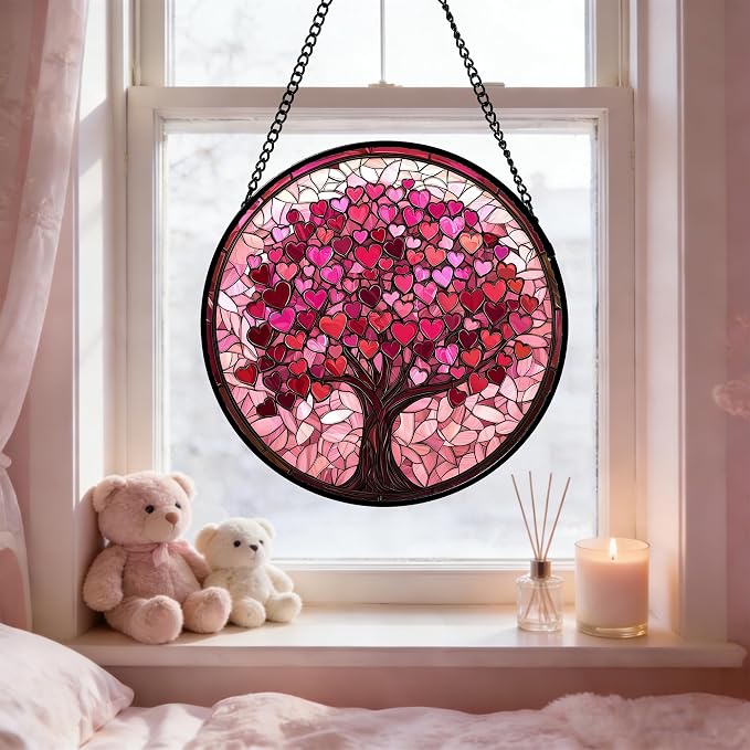 Stained Glass Window Hanging, Birthday Gifts for Women Mom Grandma Nana Wife Couple, Pink Love Tree Suncatcher for Doors Window Home Sun Catchers Gifts Decor 11.8 in