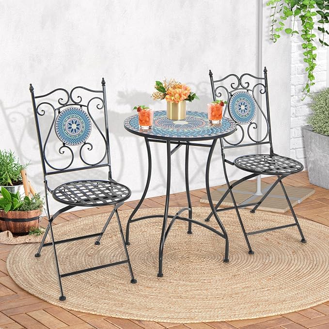 Giantex 24 Inch Patio Bistro Table, Mosaic Round Table w/Ceramic Tile Tabletop, Heavy-Duty Metal Structure, Outdoor Dining Table for Backyard, Garden, Porch (Multicolor (Floral Pattern))