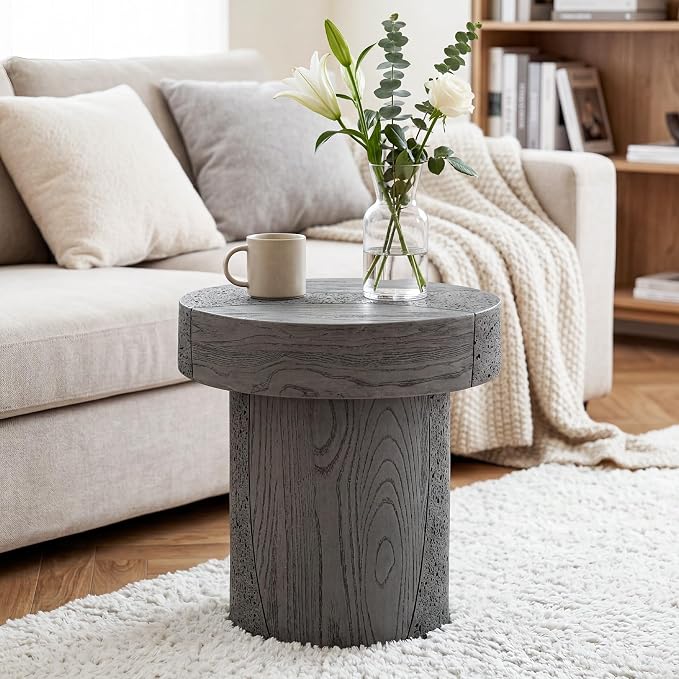 SUNBURY Outdoor Side Table Medium, 20" H Concrete Coffee Table, Lightweight Patio End Table Round, Modern MgO Decorative Dining Table for Patio, Garden, Backyard, Grey