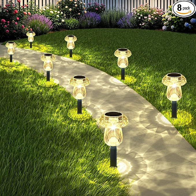 Solar Pathway Lights Outdoor 8 Pack 3000K Warm White Mushroom Decor | Waterproof Garden Outside Yard Walkway Landscape Path Lighting, LED Auto On/Off Decorations, Acrylic Diamond-like Lampshade