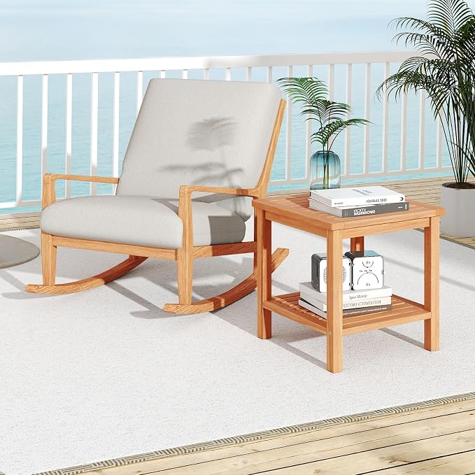 HAPPYGRILL Acacia Wood Outdoor Side Table, 2-Tier Indoor End Table with Spacious Tabletop and Slatted Storage Rack, Square Wood Table for Poolside, Living Room, Porch, Balcony and Garden (1)