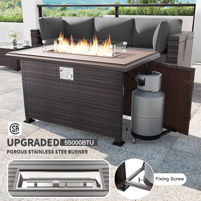 Kullavik 10 Pieces Outdoor Patio Furniture Set with 43" Gas Propane Fire Pit Table PE Wicker Rattan Sectional Sofa Patio Conversation Sets,Grey
