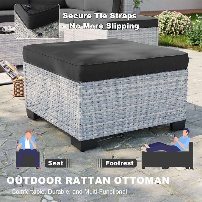 9-Piece Patio Furniture Set, Outdoor Sectional with Ottomans, Modular Patio Sofa, Dual-Strand Wicker Rattan, Rust-Resistant Frame, Backyard Furniture for Garden, Deck, Black