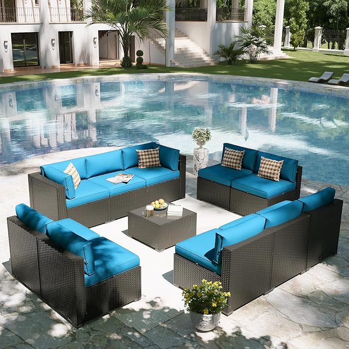 Aoxun Patio Furniture Set, 11 Piece Outdoor Sectional Sofas with Waterprool Cover, 10 Seats Wicker Rattan Outdoor Furniture Patio Conversation Set for Backyard, Garden Peacock Blue