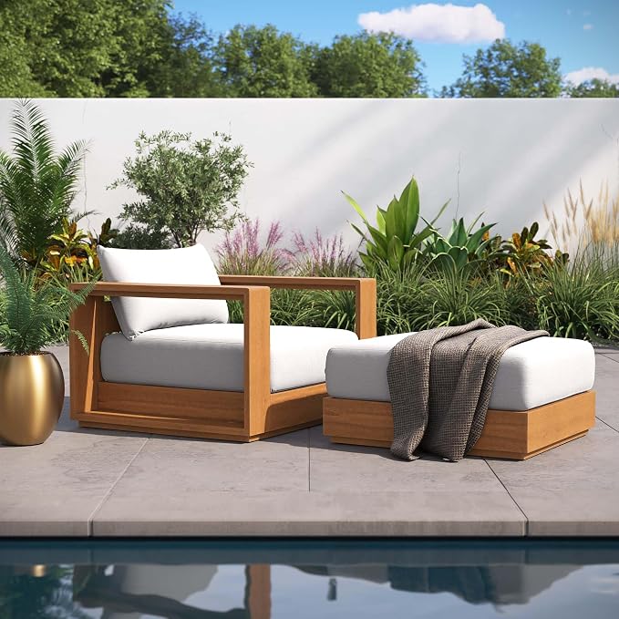 Modway Tahoe Acacia Wood 2-Piece Outdoor Patio Set in Natural Light Gray - Includes Lounge Chair and Ottoman with Weather-Resistant Cushions