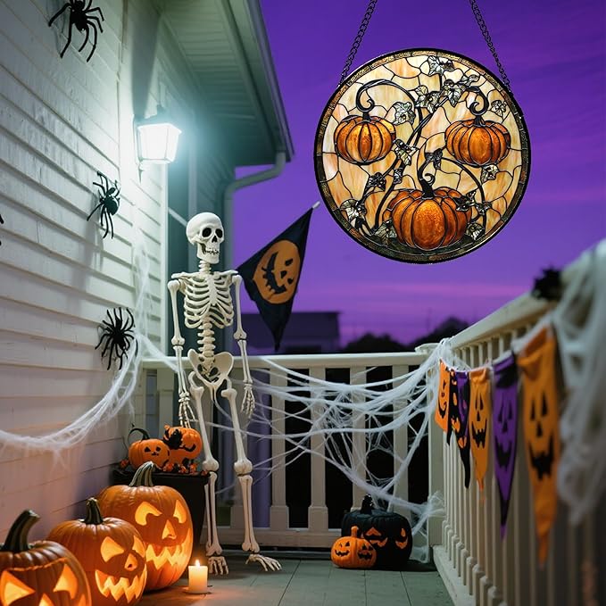 DASTOLL Stained Glass Window Hanging - Halloween Decoration Orange Pumpkin Vine Leaves Suncatcher for Door Garden Spooky Sun Catchers Gothic Decor Horror Gifts for Women Men Friend Boy Girl 11.8 in