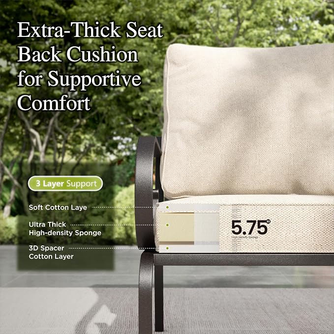 Sophia & William Patio Conversation Set for 7, a Loveseat, 3-Seater Sofa, 2 Rocking Chairs and a Coffee Table, Metal Outdoor Furniture with 5.75" Extra Thick Cushions, Beige