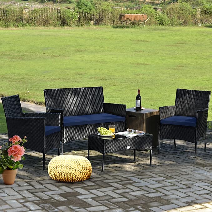 Tangkula 4 Piece Patio Furniture Set, Outdoor Wicker Conversation Set with Tempered Glass Coffee Table, Rattan Loveseat & Chairs Set with Seat Cushions for Backyard, Garden, Poolside (1, Navy)
