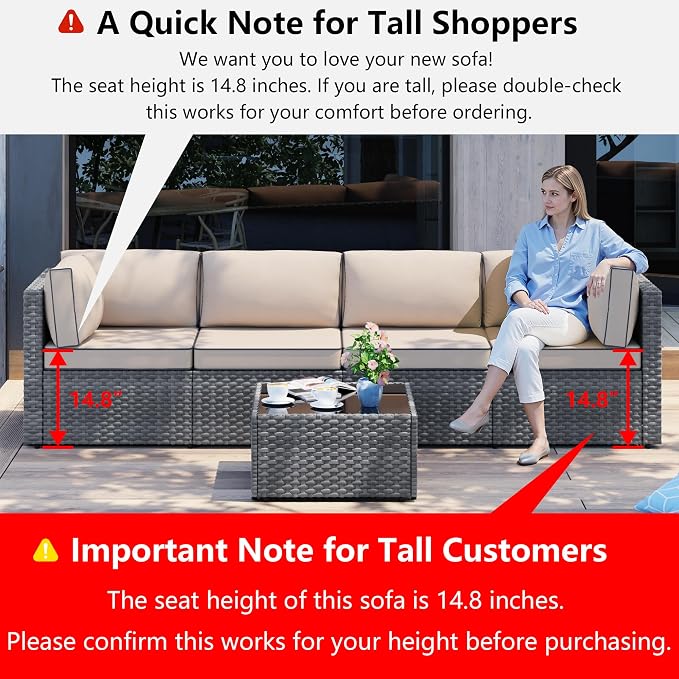 5 Piece Outdoor Patio Furniture Set,Silver PE Rattan Wicker Sectional Sofa, All Weather Conversation Set with Washable Cushions & Glass Coffee Table for Backyard Poolside Garden Porch,Khaki