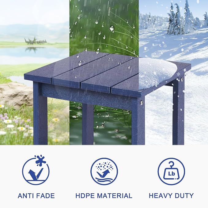 LZRS Patio End Table, Heavy Duty HDPE Outdoor Coffee Table with Wood Texture, Weatherproof Composite Table for Adirondack Chairs, Deck, Pool, Indoor/Outdoor, No Peeling or Cracking(Navy Blue)